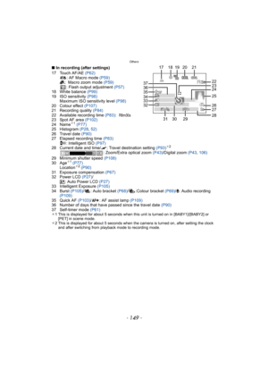 Page 149- 149 -
Others
∫In recording (after settings)
17 Touch AF/AE (P62)
: AF Macro mode (P59)
: Macro zoom mode (P59)
: Flash output adjustment (P57)
18 White balance (P99)
19 ISO sensitivity (P98)
Maximum ISO sensitivity level (P98)
20 Colour effect (P107)
21 Recording quality (P84)
22 Available recording time (P83):
23 Spot AF area (P102)
24 Name
¢1 (P77)
25 Histogram (P28, 52)
26 Travel date (P90)
27 Elapsed recording time (P83)
: Intelligent ISO (P97)
28 Current date and time/“: Travel destination setting...