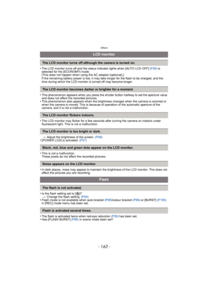 Page 163- 163 -
Others
•The LCD monitor turns off and the status indicator lights when [AUTO LCD OFF] (P29) is 
selected for the [ECONOMY] mode. 
[This does not happen when using the AC adaptor (optional).] 
If the remaining battery power is low, it may take longer for the flash to be charged, and the 
time during which the LCD monitor is turned off may become longer.
•This phenomenon appears when you press the shutter button halfway to set the aperture value 
and does not affect the recorded pictures.
•This...