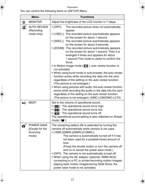 Page 21 Preparation
21
You can control the following items on [SETUP] Menu.
MenuFunctions
  MONITOR Adjust the brightness of the LCD monitor in 7 steps.
AUTO REVIEW
(Recording 
mode only) [OFF]: The recorded picture does not automatically 
appear.
 [1SEC.]: The recorded picture automatically appears 
on the screen for about 1 second.
 [3SEC.]: The recorded picture automatically appears 
on the screen for about 3 seconds.
 [ZOOM]: The recorded picture automatically appears 
on the screen for about 1 second....