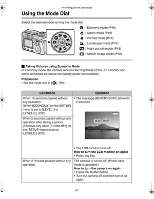 Page 45 Recording pictures (advanced)
45
Recording pictures (advanced)
Using the Mode Dial
Select the desired mode turning the mode dial.
: Economy mode (P45)
: Macro mode (P46)
: Portrait mode (P47)
: Landscape mode (P47)
: Night portrait mode (P48)
: Motion image mode (P49)
ªTaking Pictures using Economy Mode
In Economy mode, the camera reduces the brightness of the LCD monitor and 
works as follows to reduce the battery power consumption.
Preparation
 Set the mode dial to [ ]. (P8)
ConditionsOperation
When...