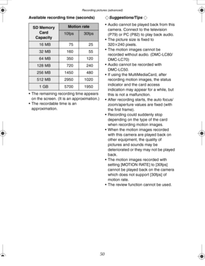 Page 50 Recording pictures (advanced)
50
Available recording time (seconds)
 The remaining recording time appears 
on the screen. (It is an approximation.)
 The recordable time is an 
approximation.¬Suggestions/Tips ¬
 Audio cannot be played back from this 
camera. Connect to the television 
(P79) or PC (P82) to play back audio.
 The picture size is fixed to 
320k240 pixels.
 The motion images cannot be 
recorded without audio. (DMC-LC80/
DMC-LC70)
 Audio cannot be recorded with 
DMC-LC50.
 If using the...