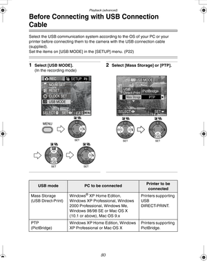 Page 80 Playback (advanced)
80
Before Connecting with USB Connection 
Cable
Select the USB communication system according to the OS of your PC or your 
printer before connecting them to the camera with the USB connection cable 
(supplied).
Set the items on [USB MODE] in the [SETUP] menu. (P22)
1Select [USB MODE].
(In the recording mode)2Select [Mass Storage] or [PTP].
REC2/
3
USB MODE
NO
RESET
CLOCK SET
EXITSET SELECTMENU
WB
WBWB
USB
SET SELECT
Mass StoragePTP
USB MODE
USB
Direct-PrPictBr
WBWB
USB modePC to be...