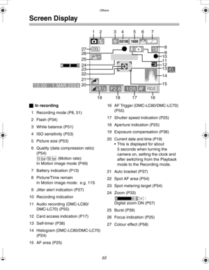 Page 88 Others
88
Others
Screen Display
ªIn recording
1 Recording mode (P8, 51)
2 Flash (P34)
3 White balance (P51)
4 ISO sensitivity (P53)
5 Picture size (P53)
6 Quality (data compression ratio) 
(P54)
/  (Motion rate):
In Motion image mode (P49)
7 Battery indication (P13)
8 Picture/Time remain
In Motion image mode: e.g. 11S
9 Jitter alert indication (P27)
10 Recording indication
11 Audio recording (DMC-LC80/
DMC-LC70) (P55)
12 Card access indication (P17)
13 Self-timer (P38)
14 Histogram (DMC-LC80/DMC-LC70)...