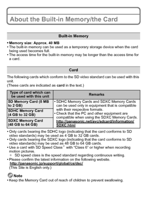 Page 1313(ENG) VQT2R80
About the Built-in Memory/the Card
•Memory size: Approx. 40 MB•The built-in memory can be used as a temporary storage device when the card 
being used becomes full.
•The access time for the built-in memory may be longer than the access time for 
a card.
The following cards which conform to the SD video standard can be used with this 
unit.
(These cards are indicated as  card in the text.)
•Only cards bearing the SDHC logo (indicating that the card conforms to SD 
video standards) may be...