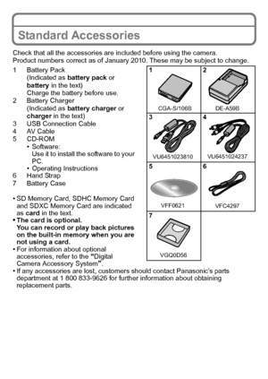 Page 8VQT2R80 (ENG)8
Standard Accessories
Check that all the accessories are included before using the camera.
Product numbers correct as of January 2010. These may be subject to change.
1 Battery Pack(Indicated as  battery pack or 
battery  in the text)
Charge the battery before use.
2 Battery Charger (Indicated as  battery charger  or 
charger  in the text)
3 USB Connection Cable
4AV Cable
5 CD-ROM
•Software:
Use it to install the software to your 
PC.
•Operating Instructions
6 Hand Strap
7 Battery Case
•SD...