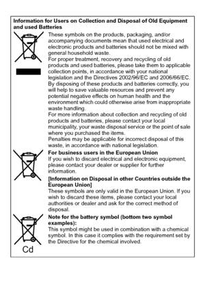 Page 6VQT2R92 (ENG)6
Information for Users on Collection and Disposal of Old Equipment 
and used BatteriesThese symbols on the products, packaging, and/or 
accompanying documents mean that used electrical and 
electronic products and batteries should not be mixed with 
general household waste.
For proper treatment, recovery and recycling of old 
products and used batteries, please take them to applicable 
collection points, in accordance with your national 
legislation and the Directives 2002/96/EC and...