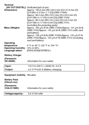 Page 2727(ENG) VQT2K50
Te r m i n a l[AV OUT/DIGITAL]: Dedicated jack (8 pin)
Dimensions: Approx. 100.0 mm (W)k56.5 mm (H) k27.8 mm (D)
[3.9 q
(W)k2.3q(H)k1.1q(D)] (DMC-FH20)/
Approx. 98.4 mm (W) k55.2 mm (H) k24.0 mm (D)
[3.87 q
(W)k2.17 q(H)k0.94 q(D)] (DMC-FH3)/
Approx. 98.4 mm (W) k55.2 mm (H) k23.4 mm (D)
[3.87 q
(W)k2.17 q(H)k0.92 q(D)] (DMC-FH1)
(excluding the projecting parts)
Mass (Weight): Approx. 160g/0.35 lb (DMC-FH20)/Approx. 147 g/0.32 lb 
(DMC-FH3)/Approx. 145 g/0.32 lb (DMC-FH1) (with card 
and...