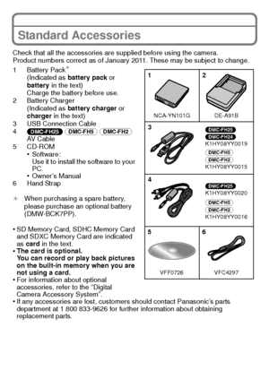 Page 99(ENG) VQT3D29
Standard Accessories
Check that all the accessories are supplied before using the camera.
Product numbers correct as of January 2011. These may be subject to change.
1 Battery Pack
¢
(Indicated as battery pack or 
battery  in the text)
Charge the battery before use.
2 Battery Charger (Indicated as  battery charger  or 
charger  in the text)
3 USB Connection Cable
4 (DMC-FH25)  (DMC-FH5) (DMC-FH2) 
AV  C a b l e
5 CD-ROM
•Software:
Use it to install the software to your 
PC.
•Owner’s...