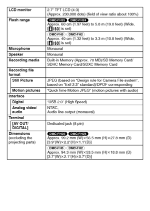 Page 30VQT3D29 (ENG)30
LCD monitor2.7q TFT LCD (4:3)
(Approx. 230,000 dots) (field of view ratio about 100%)
Flash range (DMC-FH25) (DMC-FH24) 
Approx. 60 cm (1.97 feet) to 5.8 m (19.0 feet) (Wide, 
[ ] is set)
(DMC-FH5) (DMC-FH2) 
Approx. 40 cm (1.32 feet) to 3.3 m (10.8 feet) (Wide, 
[ ] is set)
Microphone Monaural
Speaker Monaural
Recording media Built-in Memory (Approx. 70 MB)/SD Memory Card/
SDHC Memory Card/SDXC Memory Card
Recording file 
format Still Picture JPEG (based on “Design rule for Camera File...