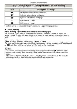 Page 109- 109 -
Connecting to other equipment
•An item cannot be selected if the printer does not support the page layout.
∫Layout printing
When printing a picture several times on 1 sheet of paper
For example, if you want to print the same picture 4 times on 1 sheet of paper, set 
[Page Layout] to [ ä] and then set [Num.of prints] to 4 for the picture that you want to 
print.
When printing different pictures on 1 sheet of paper
For example, if you want to print 4 different pictures on 1 sheet of paper, set...