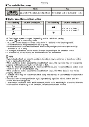 Page 68Recording
- 68 -
∫The available flash range
∫ Shutter speed for each flash setting
¢1The shutter speed changes depending on the [Stabilizer] setting.¢2 When [ ] in [Sensitivity] is set.•¢1, 2: The shutter speed becomes a maximum of 1 second in the following cases.–When the Optical Image Stabilizer is set to [OFF].–When the camera has determined that there is very little jitter when the Optical Image 
Stabilizer is set to [ON].
•In Intelligent Auto Mode, shutter speed changes depending on the identified...