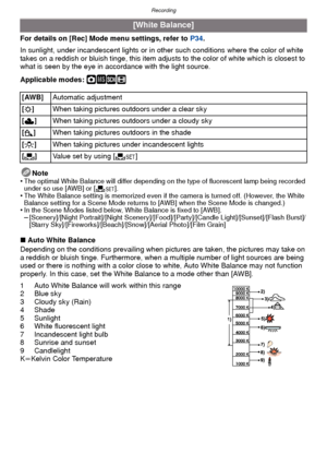 Page 73- 73 -
Recording
For details on [Rec] Mode menu settings, refer to P34.
In sunlight, under incandescent lights or in ot her such conditions where the color of white 
takes on a reddish or bluish tinge, this item adjusts to the color of white which is closest to 
what is seen by the eye in ac cordance with the light source.
Applicable modes: 
·¿n
Note
•The optimal White Balance will differ depending on the type of fluorescent lamp being recorded 
under so use [AWB] or [ Ó].
•The White Balance setting is...