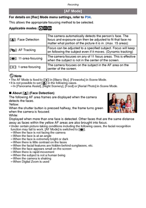 Page 75- 75 -
Recording
For details on [Rec] Mode menu settings, refer to P34.
This allows the appropriate focusing method to be selected.
Applicable modes: 
·¿
Note
•The AF Mode is fixed to [Ø ] in [Starry Sky], [Fireworks] in Scene Mode.•It is not possible to set [š] in the following cases.–In [Panorama Assist], [Night Scenery], [Food] or [Aerial Photo] in Scene Mode.
∫About [ š] (Face Detection)
The following AF area frames are displayed when the camera 
detects the faces.
Yellow:
When the shutter button is...