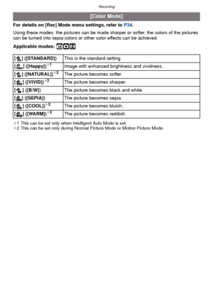 Page 81- 81 -
Recording
For details on [Rec] Mode menu settings, refer to P34.
Using these modes, the pictures  can be made sharper or softer, the colors of the pictures 
can be turned into sepia colors or  other color effects can be achieved.
Applicable modes: 
ñ·n
¢ 1 This can be set only when Intelligent Auto Mode is set.
¢ 2 This can be set only during Normal Picture Mode or Motion Picture Mode.
[Color Mode]
[ ] ([STANDARD]) This is the standard setting.
[ ] ([Happy])
¢ 1Image with enhanced brightness and...