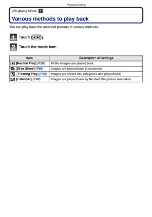 Page 85- 85 -
Playback/Editing
[Playback] Mode: ¸
Playback/EditingVarious methods to play back
You can play back the recorded pictures in various methods.
To u c h  [ ] .
Touch the mode icon.
ItemDescription of settings
 [Normal Play]  (P28)All the images are played back.
 [Slide Show]  (P86)Images are played back in sequence.
 [Filtering Play]  (P88)Images are sorted into categories and played back.
 [Calendar]  (P89) Images are played back by the date the picture was taken.
Downloaded From...