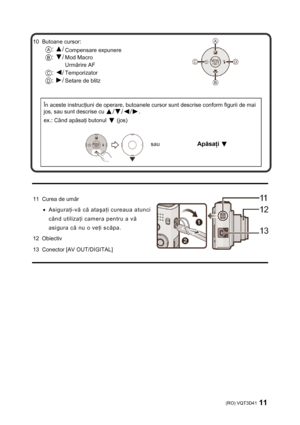 Page 11(RO) VQT3D41 11 
 
 
10 Butoane cursor: 
Compensare expunere 
Mod Macro 
Urmărire AF 
Temporizator 
Setare de blitz 
 
 
În aceste instrucţiuni de operare, butoanele cursor sunt descrise conform figurii de mai 
jos, sau sunt descrise cu 
. 
ex.: Când apăsaţi butonul 
 (jos) 
 
 
sau  Apăsaţi  
 
 
 
 
 
11  Curea de umăr  
• Asiguraţi-vă că ataşaţi cureaua atunci 
când utilizaţi camera pentru a vă 
asigura că nu o veţi scăpa. 
12 Obiectiv 
13  Conector [AV OUT/DIGITAL] 
 
Downloaded From...