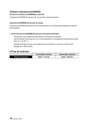 Page 1414 VQT3D41 (RO) 
 
ƒ Despre indicatorul [CHARGE] 
(Încărcare) Indicatorul [CHARGE] se aprinde: 
Indicatorul [CHARGE] (Încărcare) 
 se aprinde în timpul încărcării. 
 
Indicatorul [CHARGE] (Încărcare) se stinge: 
Indicatorul [CHARGE] (Încărcare) 
 al încărcătorului se va stinge după finalizarea încărcării 
fără probleme. 
 
• Când indicatorul [CHARGE] (Încărcare) iluminează intermitent 
− Temperatura acumulatorului este excesiv de ridicată sau scăzută. 
Se recomandă încărcarea din nou a acumulatorului la...