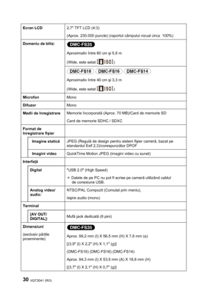 Page 3030 VQT3D41 (RO) 
 
Ecran LCD  2,7 TFT LCD (4:3)  
(Aprox. 230.000 puncte) (raportul câmpului vizual circa  100%)  
 
Aproximativ între 60 cm şi 5,8 m  
(Wide, este setat 
)  
Domeniu de blitz:  
 
Aproximativ între 40 cm şi 3,3 m  
(Wide, este setat 
)  
Microfon  Mono  
Difuzor  Mono  
Medii de înregistrare Memorie încorporată (Aprox. 70 MB)/Card de memorie SD 
Card de memorie SDHC / SDXC  
Format de 
înregistrare fişier   
 Imagine statică JPEG (Regulă de design pentru sistem fişier cameră, bazat pe...