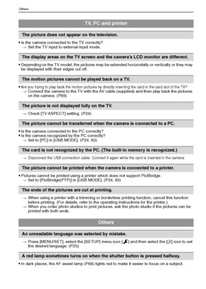 Page 102VQT1M59102
Others
Is the camera connected to the TV correctly?
>Set the TV input to external input mode.
Depending on the TV model, the pictures may be extended horizontally or vertically or they may 
be displayed with their edges cut off.
Are you trying to play back the motion pictures by directly inserting the card in the card slot of the TV?>Connect the camera to the TV with the AV cable (supplied) and then play back the pictures 
on the camera. (P89)
>Check [TV ASPECT] setting. (P24)
Is the camera...