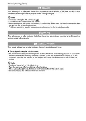 Page 54VQT1M5954
Advanced (Recording pictures)
This allows you to take even more vivid pictures of the blue color of the sea, sky etc. It also 
prevents under exposure of people under strong sunlight.
Note

The initial setting for [AF MODE] is [š].Do not touch the camera with wet hands.Sand or seawater will cause the camera to malfunction. Make sure that sand or seawater does 
not get into the lens or the terminals.
Problems caused by sand or seawater are not covered by the product warranty.
This allows you to...