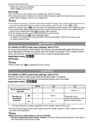 Page 64VQT1M5964
Advanced (Recording pictures)
–When the camera is shaking–When digital zoom is used
About [ƒ]
You can focus on the subject more quickly than other AF modes.The picture may stop moving for a moment before being brought into focus when you press the 
shutter button halfway. This is not a malfunction.
Note

The camera is focusing on all the AF areas when multiple AF areas (max. 9 areas) light at the same time. 
If you want to determine the focus position to take pictures, switch the AF mode to [ƒ]...
