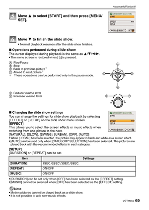 Page 6969VQT1M59
Advanced (Playback)
∫Operations performed during slide show
The cursor displayed during playback is the same as 3/4/2/1.
The menu screen is restored when [‚] is pressed.
∫Changing the slide show settings
You can change the settings for slide show playback by selecting 
[EFFECT] or [SETUP] on the slide show menu screen.
[EFFECT]
This allows you to select the screen effects or music effects when 
switching from one picture to the next.
[NATURAL], [SLOW], [SWING], [URBAN], [OFF], [AUTO]

When...