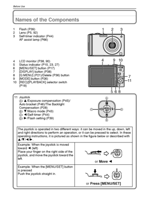 Page 10
VQT1M5910
Before Use
Names of the Components
1 Flash (P39)
2 Lens (P5, 92)
3 Self-timer indicator (P44)AF assist lamp (P66)
4 LCD monitor (P38, 90)
5 Status indicator (P15, 23, 27)
6 [MENU/SET] button (P17)
7 [DISPLAY] button (P38)
8 [Q.MENU] (P21)/Delete (P36) button
9 [MODE] button (P26)
10 [REC]/[PLAYBACK] selector switch  (P18)
11 Joystick
A : 3 /Exposure compensation (P45)/
Auto bracket (P46)/The Backlight 
Compensation (P28)
B : 4 /Macro mode (P43)C : 2 /Self-timer (P44)D : 1 /Flash setting (P39)...