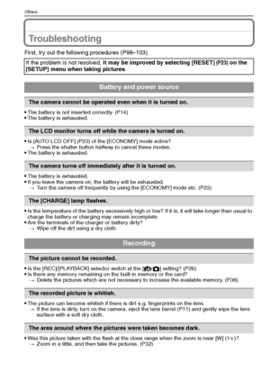 Page 98VQT1M5998
Others
Troubleshooting
First, try out the following procedures (P98–103).

The battery is not inserted correctly. (P14)The battery is exhausted.
Is [AUTO LCD OFF] (P23) of the [ECONOMY] mode active?
>Press the shutter button halfway to cancel these modes.
The battery is exhausted.
The battery is exhausted.If you leave the camera on, the battery will be exhausted.
>Turn the camera off frequently by using the [ECONOMY] mode etc. (P23)
Is the temperature of the battery excessively high or low? If...