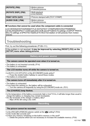 Page 105105VQT1R87
Others
∫Functions that cannot be used when the component cable is connected
[LCD MODE]/[HISTOGRAM]/[TITLE EDIT]/[TEXT STAMP]/[RESIZE]/[TRIMMING]/
[LEVELING]/[ASPECT CONV.]/[AUDIO DUB.]/[COPY]/[MULTI] settings of [DPOF PRINT]/
[MULTI] settings of [PROTECT]/[DELETE MULTI]/Creation of still pictures from motion 
pictures
Troubleshooting
First, try out the following procedures (P105–111).
•
The battery is not inserted correctly. (P14)•The battery is exhausted.
•Is [AUTO LCD OFF] (P21) of the...