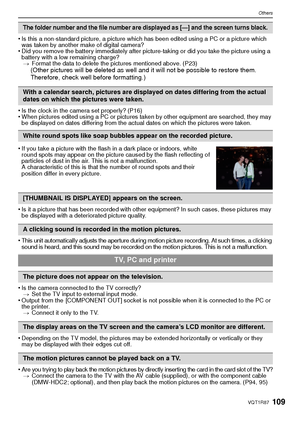 Page 109109VQT1R87
Others
•Is this a non-standard picture, a picture which has been edited using a PC or a picture which 
was taken by another make of digital camera?
•Did you remove the battery immediately after picture-taking or did you take the picture using a 
battery with a low remaining charge?> Format the data to delete the pictures mentioned above. (P23)
(Other pictures will be deleted as well and it will not be possible to restore them. 
Therefore, check well before formatting.)
•
Is the clock in the...