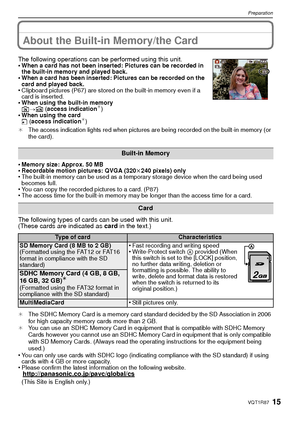 Page 1515VQT1R87
Preparation
About the Built-in Memory/the Card
•Memory size: Approx. 50 MB•Recordable motion pictures: QVGA (320k240 pixels) only•The built-in memory can be used as a temporary storage device when the card being used 
becomes full.
•You can copy the recorded pictures to a card. (P87)•The access time for the built-in memory may be longer than the access time for a card.
The following types of cards can be used with this unit.
(These cards are indicated as  card in the text.)
¢The SDHC Memory...