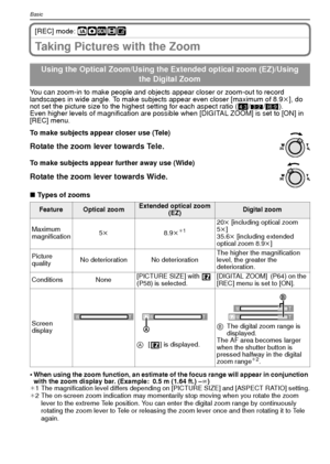 Page 30VQT1R8730
Basic
[REC] mode: ñ·¿n¨
Taking Pictures with the Zoom
You can zoom-in to make people and objects appear closer or zoom-out to record 
landscapes in wide angle. To make subjects appear even closer [maximum of 8.9k], do 
not set the picture size to the highest setting for each aspect ratio ( X/Y /W ).
Even higher levels of magnification are possible when [DIGITAL ZOOM] is set to [ON] in 
[REC] menu.
∫ Types of zooms
•
When using the zoom function, an estimate of the focus range will appear in...