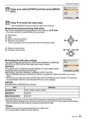 Page 7171VQT1R87
Advanced (Playback)
∫Operations performed during slide showThe cursor displayed during playback is the same as  3/4/2/1.
•The menu screen is restored when [ ‚] is pressed.
∫ Changing the slide show settings
You can change the settings for slide show playback by selecting 
[EFFECT] or [SETUP] on the slide show menu screen.
[EFFECT]
This allows you to select the screen effects or music effects when 
switching from one picture to the next.
[NATURAL], [SLOW], [SWING], [URBAN], [OFF], [AUTO]
•
When...