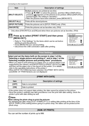 Page 92VQT1R8792
Connecting to other equipment
¢Only when [FAVORITE] is at [ON] and when there are pictures set as favorites. (P83)
Select and set the items both on the screen in step 2 of the 
“Selecting a single picture and printing it” and in step 3 of the 
“Selecting multiple pictures and printing them” procedures.
•
When you want to print pictures in a paper size or a layout which is not 
supported by the camera, set [PAPER SIZE] or [PAGE LAYOUT] to [ {] 
and then set the paper size or the layout on the...