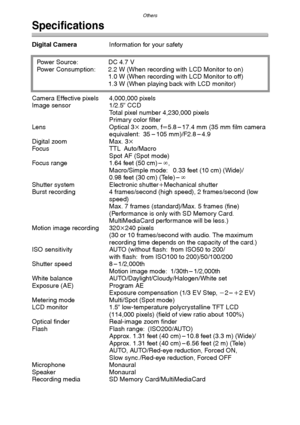 Page 117
Others
117
Specifications
Digital CameraInformation for your safety
Camera Effective pixels 4,000,000 pixels
Image sensor 1/2.5 q CCD 
Total pixel number 4,230,000 pixels
Primary color filter
Lens Optical 3 k zoom, f l5.8 – 17.4 mm (35 mm film camera 
equivalent: 35 – 105 mm)/F2.8 – 4.9
Digital zoom Max. 3 k
Focus TTL Auto/Macro Spot AF (Spot mode)
Focus range 1.64 feet (50 cm) – ¶,
Macro/Simple mode:  0.33 feet (10 cm) (Wide)/
0.98 feet (30 cm) (Tele) – ¶ 
Shutter system Electronic shutter iMechanical...