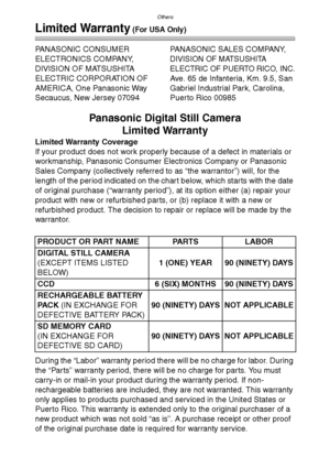 Page 122Others
122
Limited Warranty (For USA Only)
PANASONIC CONSUMER 
ELECTRONICS COMPANY, 
DIVISION OF MATSUSHITA 
ELECTRIC CORPORATION OF 
AMERICA, One Panasonic Way 
Secaucus, New Jersey 07094PANASONIC SALES COMPANY,
DIVISION OF MATSUSHITA 
ELECTRIC OF PUERTO RICO, INC.
Ave. 65 de Infanteria, Km. 9.5, San 
Gabriel Industrial Park, Carolina, 
Puerto Rico 00985
Panasonic Digital Still Camera
Limited Warranty
Limited Warranty Coverage
If your product does not work properly because of a defect in materials or...