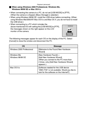 Page 95
Playback (advanced)
95
ªWhen using Windows 2000 Professional, Windows Me, 
Windows 98/98 SE or Mac OS 9.x
• When connecting the camera to a PC, do not set [USB MODE] to [PTP]. (When the camera is shipped, [Mass Storage] is selected.)
 When using Windows 98/98 SE, install the USB driver before connecting. (When 
using Windows Me/2000/XP, Mac OS 9.x and Mac OS X, you do not have to install 
the USB driver.)
 When connecting to a PC which includes the 
above-mentioned OS with setting the [USB MODE] to...