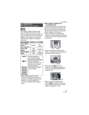 Page 73Menu Settings
73VQT0Y19
Press [ ] to display the [REC] mode 
menu and select the item to set. (P70)
ISO is a measure of sensitivity to light. The 
higher the sensitivity is set, the less light is 
needed to take a picture so the camera 
becomes more suitable for recording in 
dark places.
• When setting to [AUTO], the ISO 
sensitivity is automatically adjusted to a 
maximum of [ISO200] according to the 
brightness. (It can be adjusted to a 
maximum of [ISO400] when using the 
flash.)wAbout [ ]...