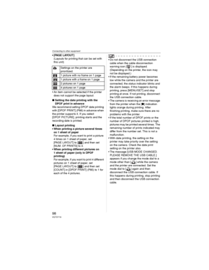 Page 98Connecting to other equipment
98VQT0Y19
•[PAGE LAYOUT]
(Layouts for printing that can be set with 
this unit)
• An item cannot be selected if the printer 
does not support the page layout.
wSetting the date printing with the 
DPOF print in advance
We recommend setting DPOF date printing 
with [DPOF PRINT] (P86) in advance when 
the printer supports it. If you select 
[DPOF PICTURE], printing starts and the 
recording date is printed.
wLayout printing
• When printing a picture several times 
on 1 sheet of...