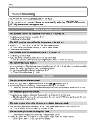 Page 118VQT1Q36118
Others
Troubleshooting
First, try out the following procedures (P118–123).

The battery is not inserted correctly. (P16)The battery is exhausted.
Is [AUTO LCD OFF] (P24) of the [ECONOMY] mode active?
>Press the shutter button halfway to cancel these modes.
The battery is exhausted.
The battery is exhausted.If you leave the camera on, the battery will be exhausted.
>Turn the camera off frequently by using the [ECONOMY] mode etc. (P24)
Is the temperature of the battery excessively high or low?...