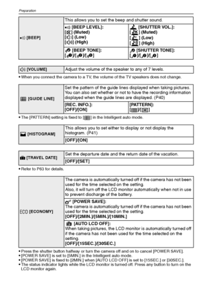 Page 24VQT1Q3624
Preparation
When you connect the camera to a TV, the volume of the TV speakers does not change.
The [PATTERN] setting is fixed to [ ] in the Intelligent auto mode.
Refer to P63 for details.
Press the shutter button halfway or turn the camera off and on to cancel [POWER SAVE].[POWER SAVE] is set to [5MIN.] in the Intelligent auto mode.[POWER SAVE] is fixed to [2MIN.] when [AUTO LCD OFF] is set to [15SEC.] or [30SEC.].The status indicator lights while the LCD monitor is turned off. Press any...