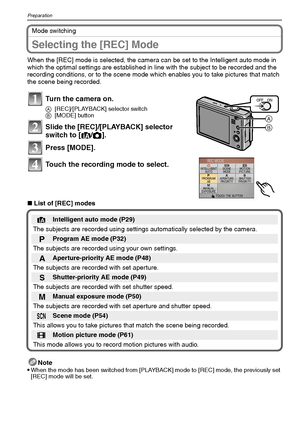 Page 28VQT1Q3628
Preparation
Mode switching
Selecting the [REC] Mode
When the [REC] mode is selected, the camera can be set to the Intelligent auto mode in 
which the optimal settings are established in line with the subject to be recorded and the 
recording conditions, or to the scene mode which enables you to take pictures that match 
the scene being recorded.
∫List of [REC] modes
Note

When the mode has been switched from [PLAYBACK] mode to [REC] mode, the previously set 
[REC] mode will be set.
Turn the...