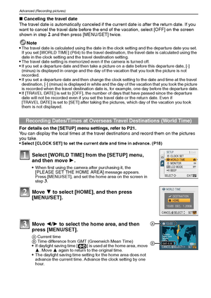 Page 64VQT1Q3664
Advanced (Recording pictures)
∫Canceling the travel date
The travel date is automatically canceled if the current date is after the return date. If you 
want to cancel the travel date before the end of the vacation, select [OFF] on the screen 
shown in step 
2 and then press [MENU/SET] twice.
Note

The travel date is calculated using the date in the clock setting and the departure date you set. 
If you set [WORLD TIME] (P64) to the travel destination, the travel date is calculated using the...