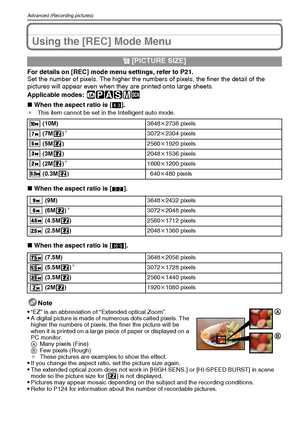 Page 66VQT1Q3666
Advanced (Recording pictures)
Using the [REC] Mode Menu
For details on [REC] mode menu settings, refer to P21.
Set the number of pixels. The higher the numbers of pixels, the finer the detail of the 
pictures will appear even when they are printed onto large sheets.
Applicable modes:
 ñ³±´²¿
∫When the aspect ratio is [X].¢This item cannot be set in the Intelligent auto mode.
∫When the aspect ratio is [Y].
∫When the aspect ratio is [W].
Note

“EZ” is an abbreviation of “Extended optical Zoom”.A...