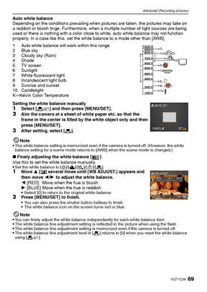 Page 6969VQT1Q36
Advanced (Recording pictures)
Auto white balance
Depending on the conditions prevailing when pictures are taken, the pictures may take on 
a reddish or bluish tinge. Furthermore, when a multiple number of light sources are being 
used or there is nothing with a color close to white, auto white balance may not function 
properly. In a case like this, set the white balance to a mode other than [AWB].
1 Auto white balance will work within this range.
2 Blue sky
3 Cloudy sky (Rain)
4 Shade
5 TV...
