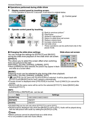 Page 78VQT1Q3678
Advanced (Playback)
∫Operations performed during slide show
[MUSIC]
Following music can be selected to play during slide show playback. 
[NATURAL], [SLOW], [SWING], [URBAN], [OFF]

[ ] ([AUTO]) can be used only if [CATEGORY] is selected. It will be played back with 
[EFFECT] and [MUSIC] set for each category automatically.
Preview screen is displayed when [PREVIEW] is touched. Touch [CANCEL] to cancel the 
preview.
[MUSIC] with the same name will be set for the selected [EFFECT]. Select [MUSIC]...