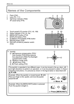 Page 10VQT1Q3610
Before Use
Names of the Components
1 Flash (P42)
2 Lens (P5, 111)
3 Self-timer indicator (P46)/
AF assist lamp (P76)
4 Touch panel/LCD monitor (P12, 40, 108)
5 Status indicator (P16, 24, 29)
6 [MENU/SET] button (P18)
7 [DISPLAY] button (P40)
8 [Q.MENU] (P22)/Delete (P38) button
9 [MODE] button (P28)
10 [REC]/[PLAYBACK] selector switch 
(P20)
11 Joystick
A:3/Exposure compensation (P52)/
Auto bracket (P53)/White balance 
fine adjustment (P69)/The Backlight 
Compensation (P30)
B:4/Macro mode...