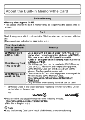 Page 16VQT3G16 (ENG)16
About the Built-in Memory/the Card
•Memory size: Approx. 70 MB•The access time for the built-in memory may be longer than the access time for 
a card.
The following cards which conform to the SD video standard can be used with this 
unit.
(These cards are indicated as  card in the text.)
¢ SD Speed Class is the speed standard regarding continuous writing. Check 
via the label on the card, etc.
•Please confirm the latest information on the following website....