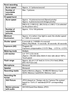 Page 28VQT3G16 (ENG)28
Burst recordingBurst speed Approx. 3.7 pictures/second
Number of 
recordable 
pictures Max. 7 pictures
Hi-speed burst Burst speed Approx. 10 pictures/second (Speed priority)
Approx. 6 pictures/second (Image priority)
[3M (4:3), 2.5M (3:2), 2M (16:9) or 2.5M (1:1) is selected 
as the picture size.]
Number of 
recordable 
pictures Approx. 15 to 100 pictures
Minimum 
Illumination Approx. 6 lx (when i-low light is used, the shutter speed 
is 1/30th of a second)
Shutter speed 8 seconds to...