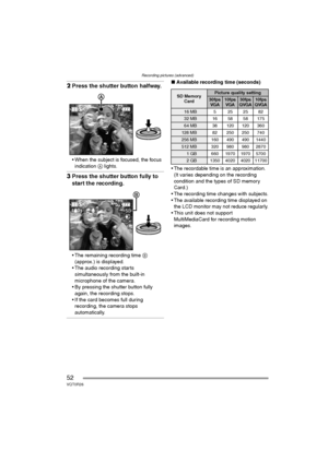 Page 52Recording pictures (advanced)
52VQT0R26
2Press the shutter button halfway.
 When the subject is focused, the focus 
indication A lights.
3Press the shutter button fully to 
start the recording.
 The remaining recording time B 
(approx.) is displayed.
 The audio recording starts 
simultaneously from the built-in 
microphone of the camera.
 By pressing the shutter button fully 
again, the recording stops.
 If the card becomes full during 
recording, the camera stops 
automatically.
∫Available...